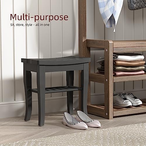 Bamboo Shower Bench, Spa Small Shower Stool for Inside Shower Waterproof, Bathroom Bench Seat with Storage Shelf for Adults Elderly Seniors, Wood Chair for Indoor or Outdoor Use, Black