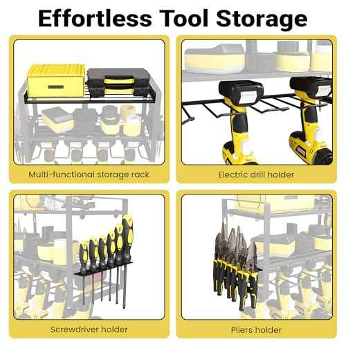 Power Tool Organizer Wall Mount, 3-Tier Heavy Duty Metal Rack Loads 180lbs with 4 Drill Holders and Side Hooks, Tool Battery Utility Rack Suitable Garage