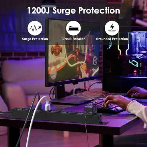 JUNNUJ Heavy Duty Power Strip Wall Mount, 20 Amp Surge Protector 1200J Metal 8 Outlet Under Desk Mounted 20A, Garage Power Table Socket Industrial Outlets 6-20R T-Slot, Black-15FT 12AWG Extension Cord