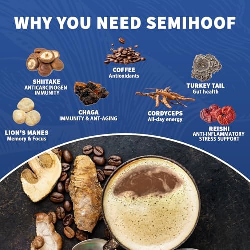 Seminhoof Instant Mushroom Coffee Powder Extract with Chaga,Lions Mane Turkey Tail Shiitake Cordyceps Reishi for better Focus, Energy, Digestion and Immunity Weight Loss Arabica Bean 20 Servings