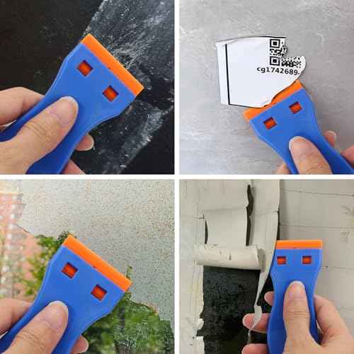 10 Plastic Razor Blade Scraper, 100 Pcs Blades, Remove Label Decal Tool for Stickers, Gaskets and Paints on Window Car Glass