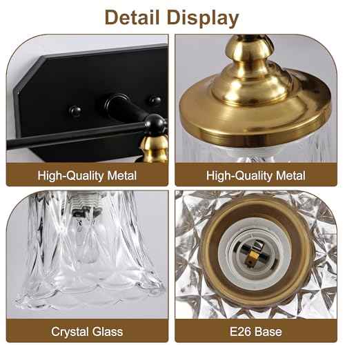Vintage Bathroom Vanity Light Fixtures, Black and Gold 3-Light Vanity Light, Antique Bathroom Lighting Fixtures Over Mirror with Crystal Glass Shade, Vanity Lights for Bedroom Living Room Hallway