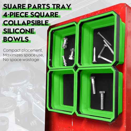 Collapsible Magnetic Parts Tray Set, 4 Pack New Version Magnetic Tool Trays for Screw Bolts Nuts Washers Pins & Small Metal Parts-4.5¡± Square Silicone Bowls with Double Sided Magnetic Base(Green)