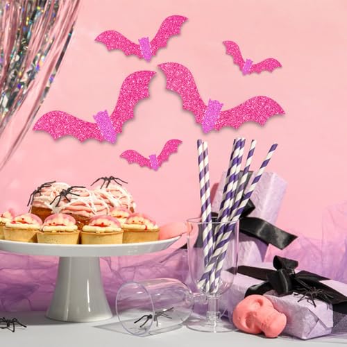18 Pieces Halloween Bats Wall Decor, 3 Sizes 3D Glitter Pink Black Bats Stickers for Halloween Party Home Kitchen Bedroom Bathroom Decorations