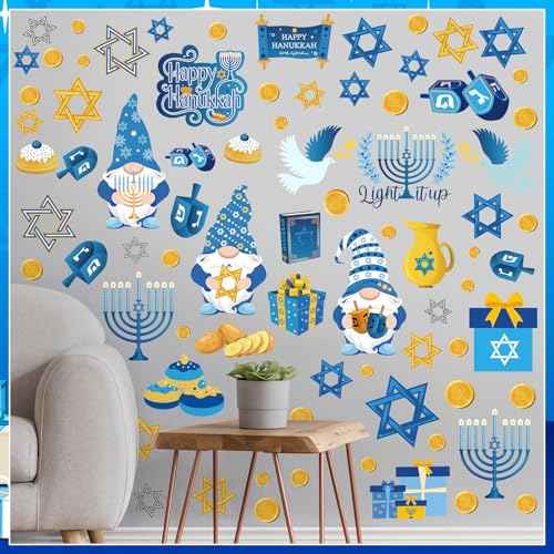 ReliThick 78 Pcs Hanukkah Wall Decals Hanukkah Decor Blue White Gold Menorah Star Gnome Stickers Chanukah Party Decor Jewish Decoration for Living Room Bedroom Nursery Wall Decoration