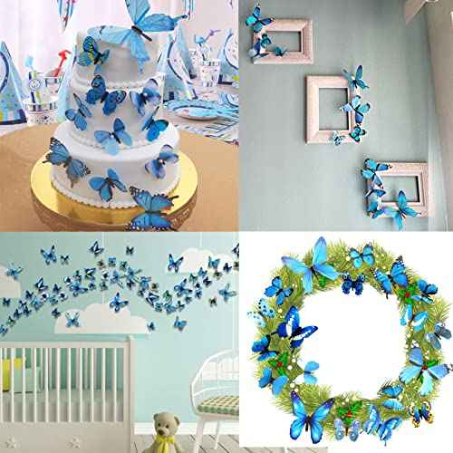 Ewong 60Pcs 3D Butterfly Wall Decor, Decoration Party Birthday Cake Waterproof Removable Mural Sticker, Butterflies Wall Art Home Decals Living Room Bathroom Bedroom Office Decorative (Blue)