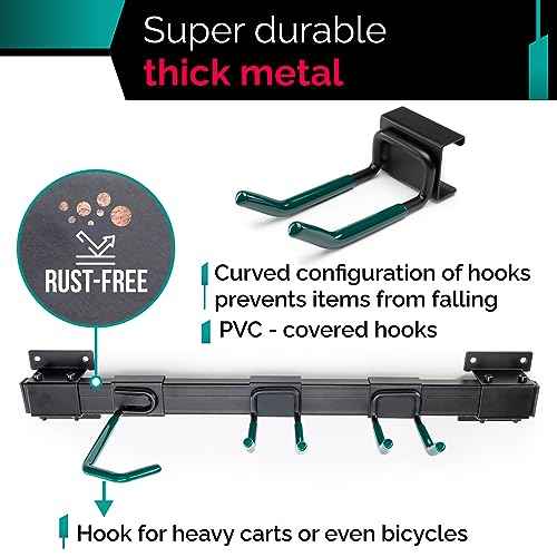 IDL Packaging Industrial Grade 48" Garage Tool Organizer with 6 Hooks and 1 Cart/Bike Rack, 500 lbs Total Holding Weight - for Repair Shops, Warehouses, Storages, and Garages