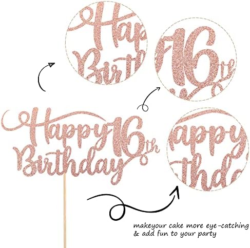 Rsstarxi 1 Pack Happy 16th Birthday Cake Topper Glitter Number 16 Sixteen Years Old Birthday Cake Pick Decoration for 16th Birthday Celebrating Anniversary Party Supplies Rose Gold