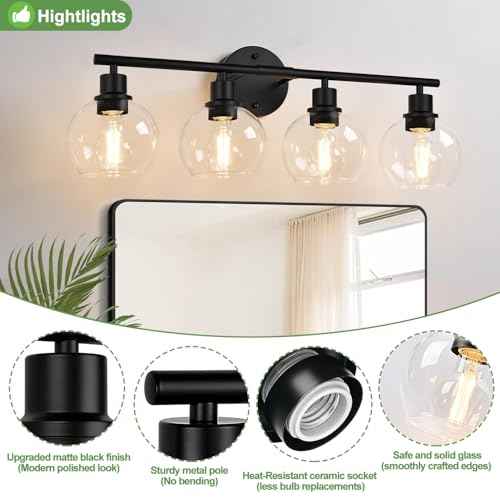 2025 Upgrade 4-Light Bathroom Light Fixtures, Black Bathroom Lights Over Mirror with Clear Glass Globe Shade, Vanity Lights for Bathroom Kitchen Living Room Hallway Cabinet Bedroom Porch