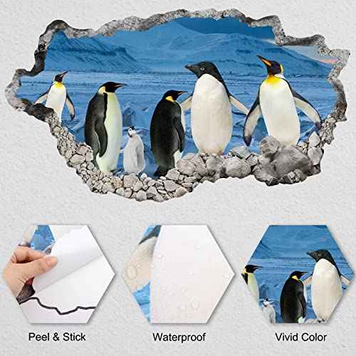 3D Wall Hole View Penguins Wall Decal Peel and Stick Animal Penguins Wall Mural Sticker for Kids Room Bedroom Playroom Wall Decor