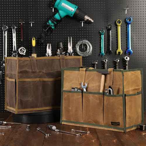Heavy-Duty Waxed Canvas Tool Pouch - 14-Pocket Garden Tool Organizer with Removable Handle | Multi-Compartment Storage Bag for Tools (16.5" x 12.5" x 6.5", Grey)