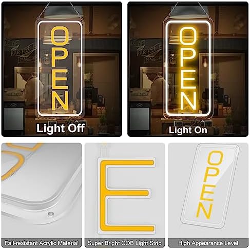 22.8"x 11.8" Ultra Bright 12V Neon Open Sign for Business, LED Open Neon Sign, Electric Light up Signs for Stores, Restaurants Offices Retail Shops Window (Yellow-White-Vertical)