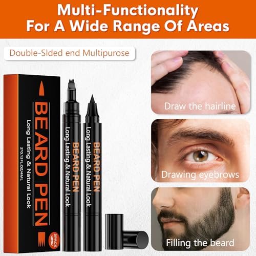 3-Pack Beard Pen Filler for Men, Waterproof & Sweat Proof Long-Lasting Beard Pen Kit with 2 Fillers & 1 Double-Headed Brush – Effectively Enhances Facial Hair (Black)