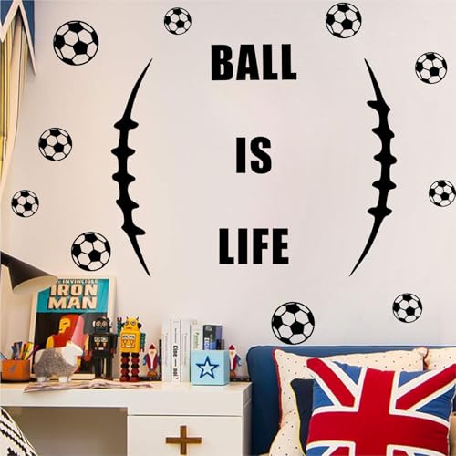 Football Wall Decals Vinyl Soccer Wall Stickers Removable Sport Ball Wall Decals Black Football Laces Stitches Decal Football Wall Stickers for Boys Bedroom Teens Room Kids Playroom Decor