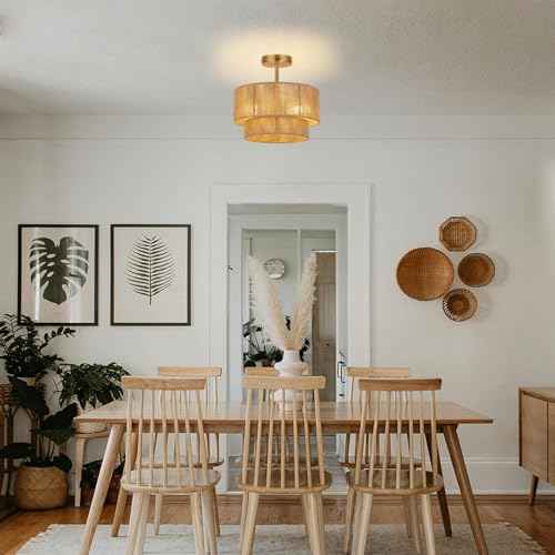 3-Light Boho Light Fixtures Ceiling Mount,12.6'' Rattan Semi Flush Mount Ceiling Light Fixture,Coastal Hemp rope Drum Light Fixtures with 2-Tier Shade, Farmhouse Light Fixture for Bedroom Hallway