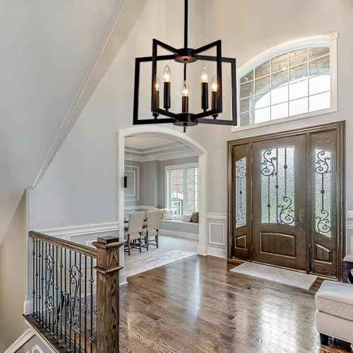 Black Chandelier,5-Light Dining Room Light Fixture Modern Farmhouse Geometric Metal Hanging Industrial Chandeliers for Entryway Kitchen Island Foyer Lighting Fixtures