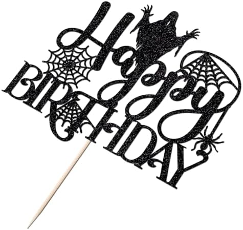1 PCS Halloween Happy Birthday Cake Topper, Spider Terror Spooky Haunted House Black Glitter Cake Supplies, Creepy Birthday Themed Party Decoration Supplies