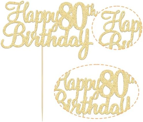 Gyufise 1Pc Gold Happy 80th Birthday Cake Topper Glitter 80th Birthday Cake Pick Cheers to 80 Years Old Eighty Fabulous Cake Decorations for 80th Birthday Theme Party Supplies