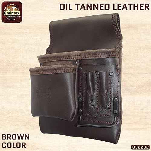 Graintex OS2202 5 Pocket Left Handed Oil Tanned Leather Nail & Tool Pouch Dark Brown Color for Constructor/Electrician/Plumber