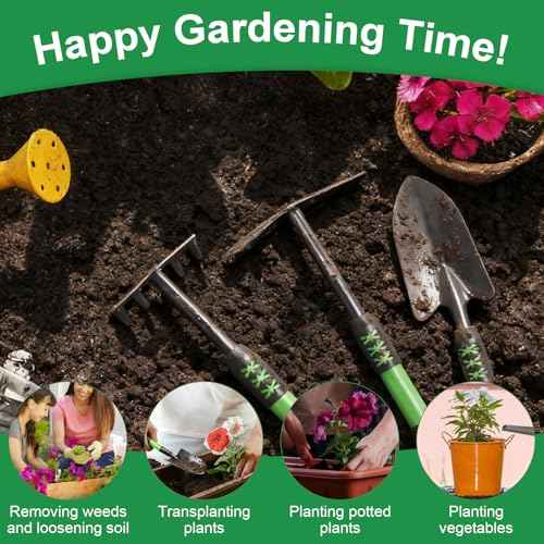 Garden Tool Set, 3 Pack Gardening Tools, Stainless Steel Heavy Duty Hand Cultivator, Hoes, Shovel, for Planting Weeding Digging, Green