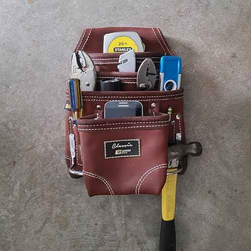 Heavy Duty Tool Pouch | Carpenters Tool Pouch 3350, Brown, Oil-Tanned, 10 Pockets, 2 Hammer Holders, Reinforced Seams