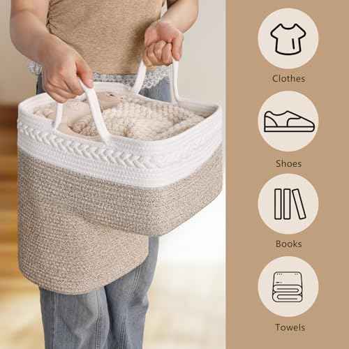 Woven Stair Basket, Stair Baskets for Wooden Stairs, Carpeted Stairs Storage Basket with Handles, Staircase Baskets for Toys, Books, Brown, 15¡± L x 10¡± W x 15¡± H