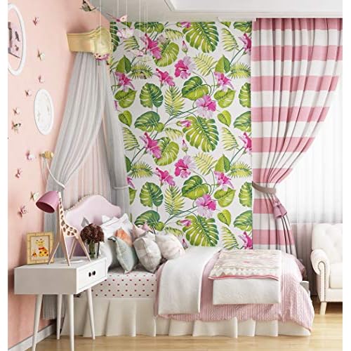 LACHEERY Tropical Palm Leaf Peel and Stick Wallpaper 17.7" x 6.8ft Removable White Green Pink Contact Paper Decorative Self Adhesive Floral Wallpaper for Bedroom Walls Shelf Drawer Liner Nightstand