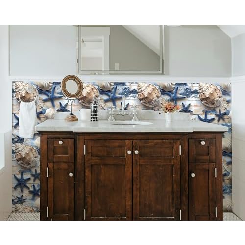 FLFK Peel and Stick Wallpaper, 16in x 64in, Starfish Seashell Wall Mural for Kids Room Decor, Stain Resistant, Blue