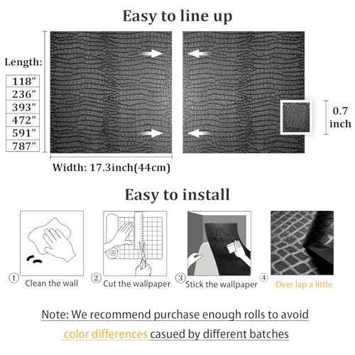 Black Peel and Stick Wallpaper 118inL 17.3inW Black Contact Paper for Cabinets Removable Textured Modern Crocodile Self Adhesive Wallpaper for Bedroom Bathroom Waterproof Leather Contact Paper