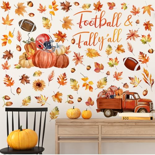 Haull 6 Sheets Thanksgiving Wall Decals Fall Maple Leaves Pumpkin Wall Peel and Stick Autumn Thanksgiving Decals for Windows Home Nursery Bedroom Living Room Office Party Decoration