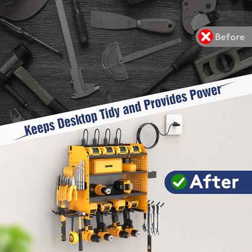 Heavy Duty Power Tool Organizer Wall Mount with Charging Station, 4 Layer Garage Storage Adjustable Shelves Height, Holds 4 Drills, 2 Hooks, Screw & Screwdriver box, Gifts for Fathers Day, Anniversary