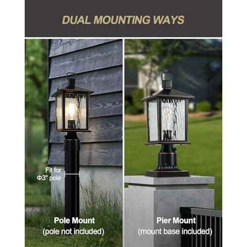 Dusk to Dawn Outdoor Post Light, Hardwired Oil-Rubbed Bronze Pole Lantern with Pier Mount Base, Water Ripple Glass, Waterproof Lamp Post Light Fixture for Driveway, Pathway, Garden, 1 Pack