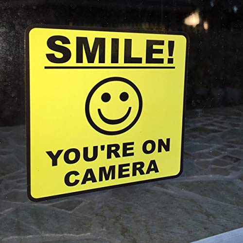 Outdoor/Indoor (4 Pack) 4" Wide X 4" high Home Business Smile You're ON Camera Yellow Window Door Warning Security Alert Sticker Decals **Back Self Adhesive Vinyl**