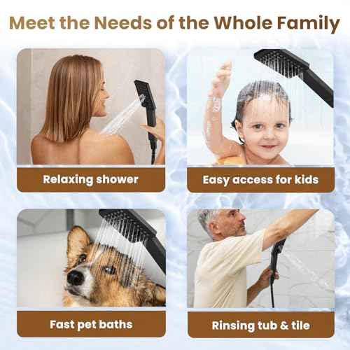 BRIGHT SHOWERS Rain Shower Head with Handheld Spray, High Pressure Square Showerhead Combo with Rainfall & Handheld, Detachable Dual Shower with Anti-Clog Nozzles, 60" Hose, Matte Black