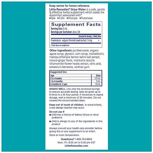 Little Remedies Gripe Water for Babies, With Chamomile, for Baby Gas Relief, No Alcohol or Artificial Dyes, 4 Fl Oz, Pack of 6