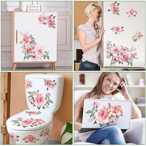Pink Flowers & Green Leaves Wall Decals - Removable Peel & Stick Garden Floral Wall Stickers for Bedroom & Living Room