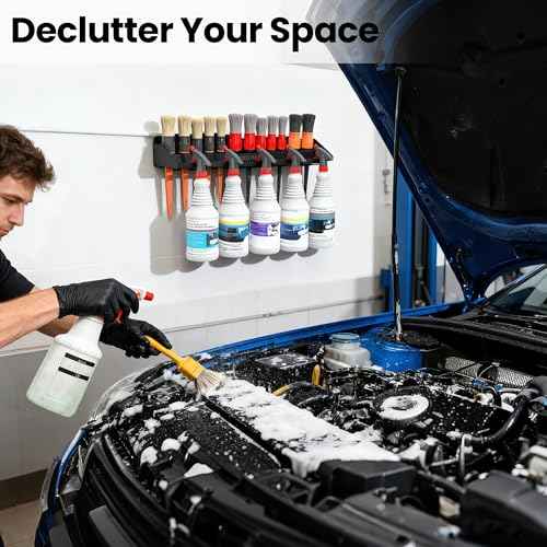 UNITEDPOWER Brush and Trigger Bottle Holder, Wall Mount Storage Rack Organizer for Auto Repair Shops Car Washes And Home Garages, Stores up to 12 Detailing Brushes & Hanging Rail for Bottles