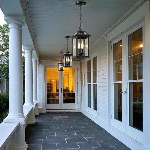 WIHTU Large Outdoor Pendant Light with 2 Bulbs, 14.96" Modern Hanging Lantern Ceiling Mount, Waterproof Outside Chandelier Exterior Hanging Fixture with Tempered Glass for Porch