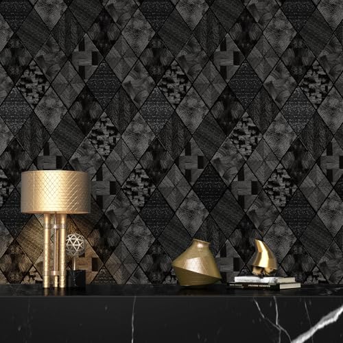 Zeeko Black Textured Peel and Stick Wallpaper 3D Embossed Geometric Linear Contact Paper Removable Waterproof Wall Paper 17.3" x 80"