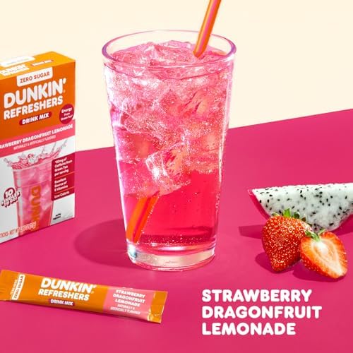 Dunkin’ Zero Sugar Refreshers Singles To Go! Powdered drink mix packets, Strawberry Dragonfruit Lemonade, 10 packets per box , Energy from Green Tea, aspartame-free, no synthetic colors, naturally and artificially flavored, just add water