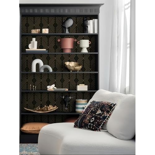 LiKiLiKi Peel and Stick Wallpaper Black and Gold Contact Paper Geometric Modern Wall Paper for Nursery Room Bedroom Bathroom Cabinets and Drawers Vinyl Roll Self-Adhesive Waterproof 17.3¡± x 78.7¡±