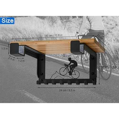 Bike Rack Wall Mount with Shelf and 8 Hooks Offer Horizontal Indoor Bike Storage for Sheds Garages. Wooden Bike Rack Bracket for Road, Mountain, Travel Bicycles, Maximizing Space