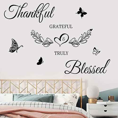 Inspirational Quote Wall Decor Thankful Grateful Blessed Wall Decal Quote Faith Vinyl Lettering Wall Stickers for Home Decor Living Room TV Background Home Decoration