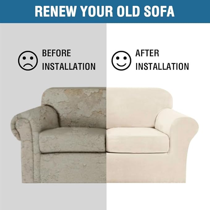 H.VERSAILTEX Real Velvet Plush 3 Piece Stretch Sofa Covers Couch Covers for 2 Cushion Couch Sofa Slipcovers Width Up to 90 Inch Feature Thick Soft Stay in Place (Sofa, Cream)