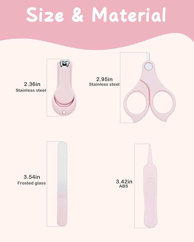 babygoal Baby Nail Flie Care Kit - 4-Piece Gentle Nail Trimmer & File Set with Safety Stopper | Painless Clipping for Newborns & Infants | Portable Case (Soft Pink) ZJCT01-B