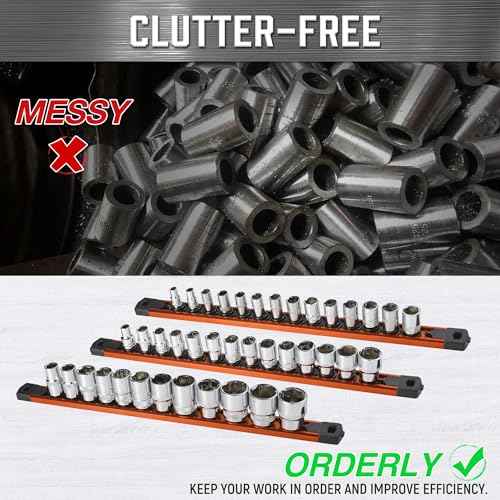 ALOANES 3PC Magnetic Tool Organizer, Heavy Duty Aluminum Rails with 360 Swivel Clips, 3/8-Inch Socket Organizer x 42 Clips (Orange)