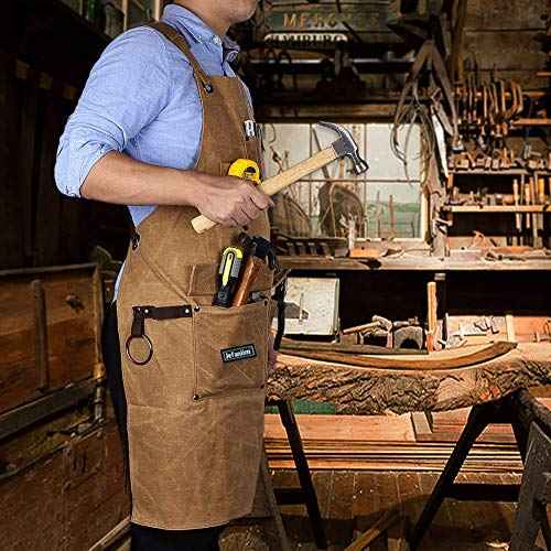 Waxed Canvas Shop Apron for Men & Women.Woodworking Aprons Heavy Duty Work Apron with Pockets. Big Bulk Tool Apron with Adjustable Cross-Back Strap.Adjustable S to XXL (Brown)