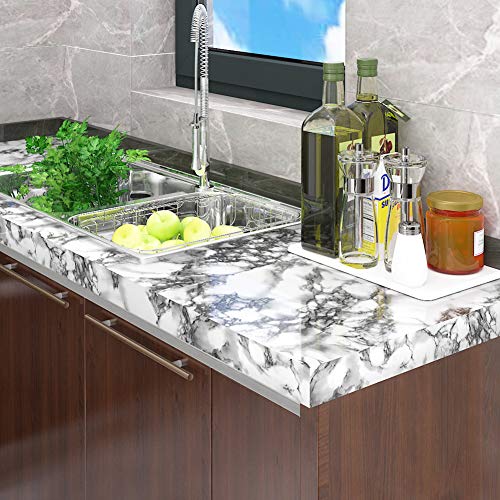 LaCheery White and Gray Marble Contact Paper for Bathroom Countertops Removable Glossy Marble Paper Granite Gray/White Wallpaper Peel and Stick for Wall Cabinets Counter Top Waterproof Vinyl 15.8"x80"