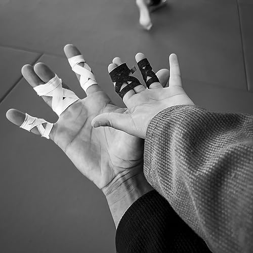 Bighorn Athletics Pro Series Jiu-Jitsu Finger Tape, 8-Rolls with Tin Holder, Enhanced Extra Strength, Residue-Free (0.3-Inch, Black/White)