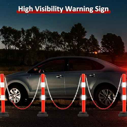 2 Pack 34 Inches Traffic Delineator Post Cones, Portable Orange Safety Driveway Barrier with Weighted Rubber Base, Reflective Collars, 5 FT Plastic Chain for Road Safety,Parking Lot